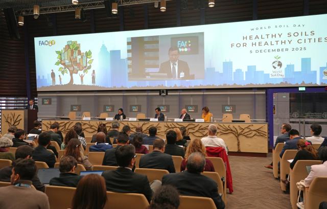 (251205) -- ROME, Dec. 5, 2025 (Xinhua) -- Zhang Ganlin delivers a speech during the official World Soil Day celebration at the FAO headquarters in Rome, Italy, Dec. 5, 2025. Zhang Ganlin, a researcher at the Institute of Soil Science under the Chinese Academy of Sciences, received the 2025 Glinka World Soil Prize on Friday at the World Soil Day celebration held at the headquarters of the Food and Agriculture Organization of the United Nations (FAO) in Rome. (Xinhua/Ren Yaoting)