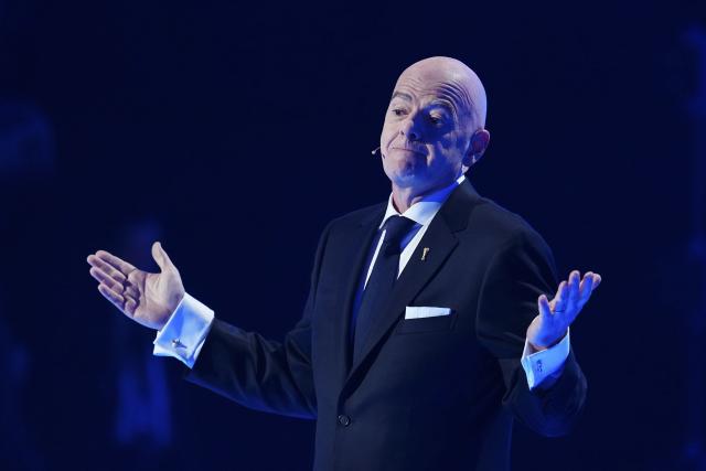 (251206) -- WASHINGTON D.C., Dec. 6, 2025 (Xinhua) -- FIFA President Giovanni Infantino addresses the audience during the FIFA World Cup 2026 Final Draw at the Kennedy Center in Washington D.C., the United States, Dec. 5, 2025. (Xinhua/Jia Haocheng)