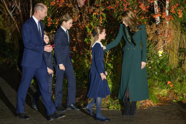 (251206) -- LONDON, Dec. 6, 2025 (Xinhua) -- Britain's Prince William (1st L), Prince of Wales, and Catherine (1st R), Princess of Wales, arrive with their children Prince Louis (2nd L), Prince George (3rd L) and Princess Charlotte (2nd R) to attend the fifth annual Together At Christmas carol service at Westminster Abbey in London, Britain, on Dec. 5, 2025. (Photo by Ray Tang/Xinhua)