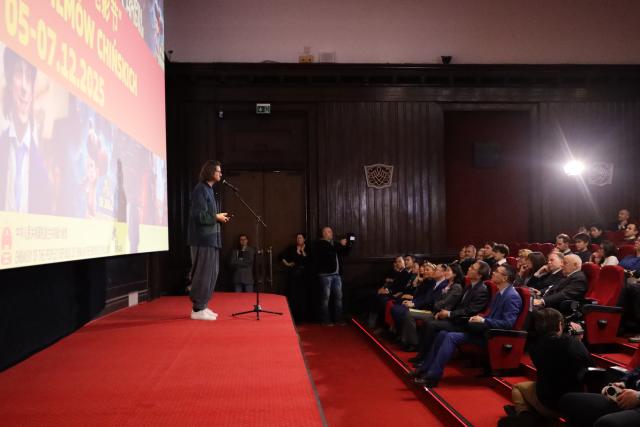 (251206) -- WARSAW, Dec. 6, 2025 (Xinhua) -- Michal Pilat, head of Polish film company 9th Plan, delivers a speech at the opening of the 2025 Poland "Chinese Film Festival" in Warsaw, Poland, on Dec. 5, 2025. TO GO WITH "2025 Poland 'Chinese Film Festival' opens in Warsaw" (Xinhua/Yang Yuchen)