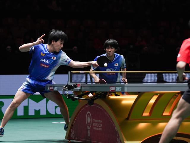 (251206) -- CHENGDU, Dec. 6, 2025 (Xinhua) -- Shinozuka Hiroto (L)/Togami Shunsuke of Japan compete during the men's doubles match against Wang Chuqin/Lin Shidong of China during the stage 2 group match between China and Japan at the ITTF Mixed Team World Cup 2025 in Chengdu, southwest China's Sichuan Province, Dec. 6, 2025. (Xinhua/Wang Xi)