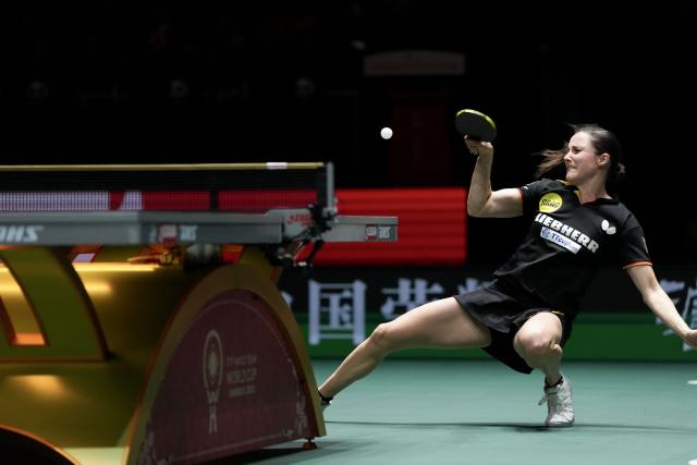 (251206) -- CHENGDU, Dec. 6, 2025 (Xinhua) -- Sabine Winter of Germany competes in the women's singles match against Lee Eunhye of South Korea during the stage 2 group match between Germany and South Korea at the ITTF Mixed Team World Cup 2025 in Chengdu, southwest China's Sichuan Province, Dec. 6, 2025. (Xinhua/Wang Ying)