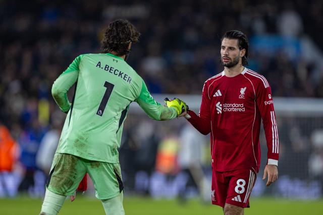 (251207) --  LEEDS, Dec. 7, 2025 (Xinhua) -- Liverpool's Dominik Szoboszlai (R) and goalkeeper Alisson Becker react after the English Premier League match between Leeds United and Liverpool in Leeds, Britain, on Dec. 6, 2025. (Xinhua)
FOR EDITORIAL USE ONLY. NOT FOR SALE FOR MARKETING OR ADVERTISING CAMPAIGNS. NO USE WITH UNAUTHORIZED AUDIO, VIDEO, DATA, FIXTURE LISTS, CLUB/LEAGUE LOGOS OR "LIVE" SERVICES. ONLINE IN-MATCH USE LIMITED TO 45 IMAGES, NO VIDEO EMULATION. NO USE IN BETTING, GAMES OR SINGLE CLUB/LEAGUE/PLAYER PUBLICATIONS.