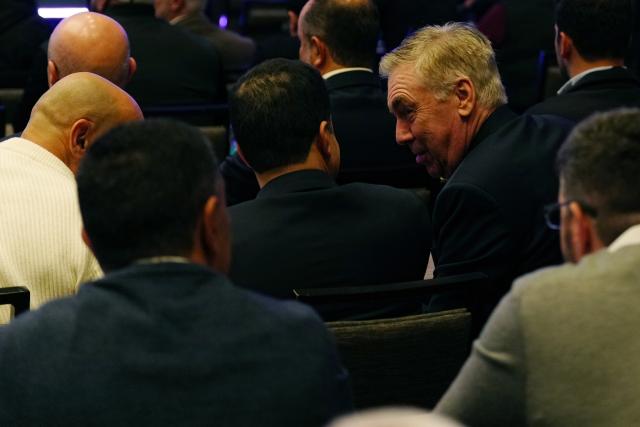 (251207) -- WASHINGTON, D.C., Dec. 7, 2025 (Xinhua) -- Carlo Ancelotti(R), head coach of the Brazilian national soccer team, is seen during the unveiling of the match schedule for the FIFA  World Cup 2026 in Washington, D.C., the United States, on Dec. 6, 2025. (Xinhua/Jia Haocheng)
