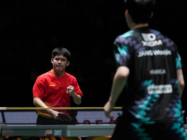 (251207) -- CHENGDU, Dec. 7, 2025 (Xinhua) -- Lin Shidong of China celebrates scoring during the men's singles match against Jang Woojin of South Korea during the semifinal match between China and South Korea at the ITTF Mixed Team World Cup 2025 in Chengdu, southwest China's Sichuan Province, Dec. 7, 2025. (Xinhua/Wang Xi)