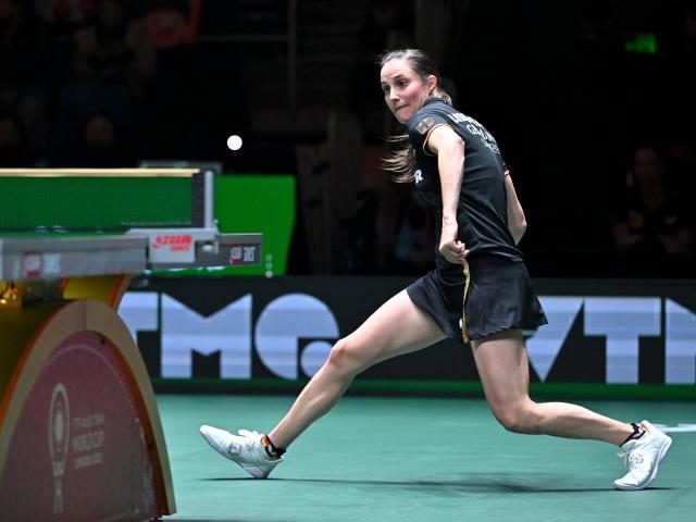 (251207) -- CHENGDU, Dec. 7, 2025 (Xinhua) -- Sabine Winter of Germany competes in the women's singles match against Lee Eunhye of South Korea during the bronze medal match between South Korea and Germany at the ITTF Mixed Team World Cup 2025 in Chengdu, southwest China's Sichuan Province, Dec. 7, 2025. (Xinhua/Xu Bingjie)
