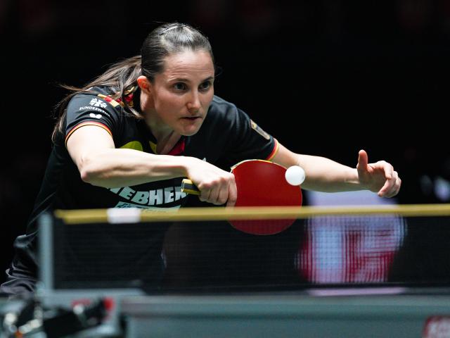 (251207) -- CHENGDU, Dec. 7, 2025 (Xinhua) -- Sabine Winter of Germany competes in the women's singles match against Lee Eunhye of South Korea during the bronze medal match between South Korea and Germany at the ITTF Mixed Team World Cup 2025 in Chengdu, southwest China's Sichuan Province, Dec. 7, 2025. (Xinhua/Wang Xi)