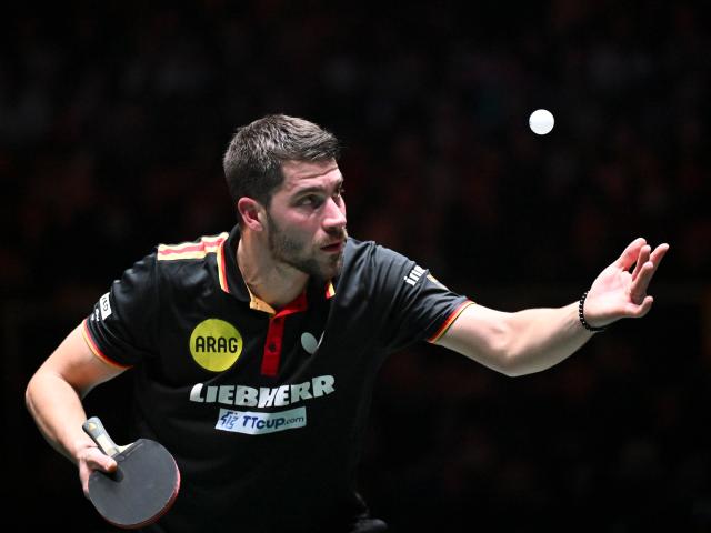 (251207) -- CHENGDU, Dec. 7, 2025 (Xinhua) -- Patrick Franziska of Germany competes in the men's singles match against Jang Woojin of South Korea during the bronze medal match between South Korea and Germany at the ITTF Mixed Team World Cup 2025 in Chengdu, southwest China's Sichuan Province, Dec. 7, 2025. (Xinhua/Xu Bingjie)