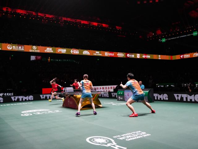 (251207) -- CHENGDU, Dec. 7, 2025 (Xinhua) -- Wang Chuqin (2nd L)/Sun Yingsha (1st L) of China compete in the mixed doubles match against Matsushima Sora/Odo Satsuki of Japan during the final match between China and Japan at the ITTF Mixed Team World Cup 2025 in Chengdu, southwest China's Sichuan Province, Dec. 7, 2025. (Xinhua/Wang Xi)