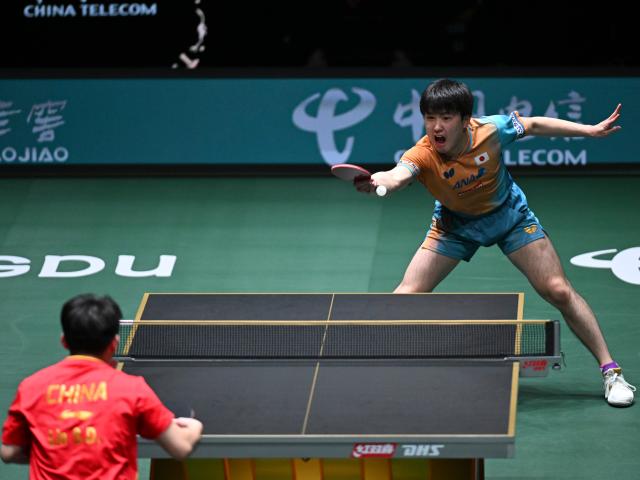 (251207) -- CHENGDU, Dec. 7, 2025 (Xinhua) -- Harimoto Tomokazu (R) of Japan competes in the men's singles match against Lin Shidong of China during the final match between China and Japan at the ITTF Mixed Team World Cup 2025 in Chengdu, southwest China's Sichuan Province, Dec. 7, 2025. (Xinhua/Xu Bingjie)