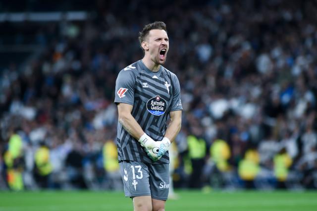 (251208) -- MADRID, Dec. 8, 2025 (Xinhua) -- Celta Vigo's goalkeeper Andrei Radu celebrates a goal during a La Liga football match between Real Madrid and Celta Vigo at Santiago Bernabeu stadium in Madrid, Spain, on Dec. 7, 2025. (Photo by Gustavo Valiente/Xinhua)