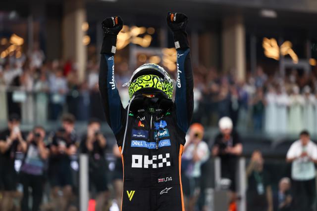 (251208) -- ABU DHABI, Dec. 8, 2025 (Xinhua) -- McLaren's British driver Lando Norris celebrates after the Formula One Abu Dhabi Grand Prix at the Yas Marina Circuit in Abu Dhabi, the United Arab Emirates, on Dec. 7, 2025. (Photo by Li Chao/Xinhua)