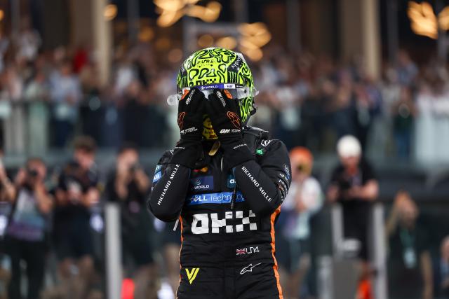 (251208) -- ABU DHABI, Dec. 8, 2025 (Xinhua) -- McLaren's British driver Lando Norris celebrates after the Formula One Abu Dhabi Grand Prix at the Yas Marina Circuit in Abu Dhabi, the United Arab Emirates, on Dec. 7, 2025. (Photo by Li Chao/Xinhua)