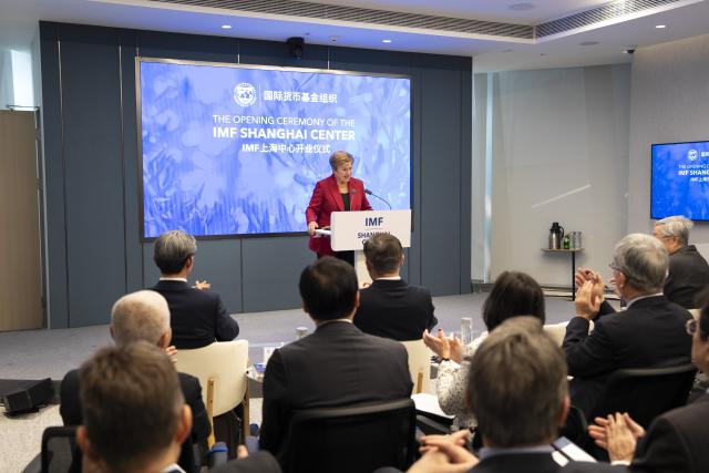 (251208) -- SHANGHAI, Dec. 8, 2025 (Xinhua) -- International Monetary Fund (IMF) Managing Director Kristalina Georgieva addresses the opening ceremony of the IMF Shanghai Center in east China's Shanghai, Dec. 8, 2025.
  The IMF on Monday officially launched the operations of its regional center in Shanghai, headed by Johannes Wiegand, an IMF economist, as the director. (IMF/Handout via Xinhua)