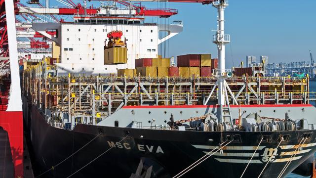 (251208) -- QINGDAO, Dec. 8, 2025 (Xinhua) -- A drone photo taken on Dec. 8, 2025 shows a cargo ship at a container terminal of Qingdao Port in Qingdao, east China's Shandong Province. The cargo throughput of Qingdao Port in 2025 surpassed 700 million tonnes on Monday, reaching this milestone 15 days earlier compared to 2024.
   Qingdao Port has continuously expanded its international logistics network, with nearly 240 routes connecting over 700 ports in over 180 countries and regions worldwide. (Xinhua/Li Ziheng)