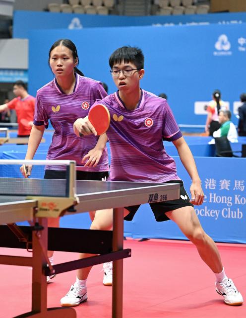 (251208) -- HONG KONG, Dec. 8, 2025 (Xinhua) -- Yeung Shing Hin (R)/Lee Po Tung of Hong Kong compete during the mixed doubles age 16-21 group A match of special olympics table tennis at China's 12th National Games for Persons with Disabilities and the 9th National Special Olympic Games in Hong Kong, south China, Dec. 8, 2025. (Xinhua/Zhu Zheng)