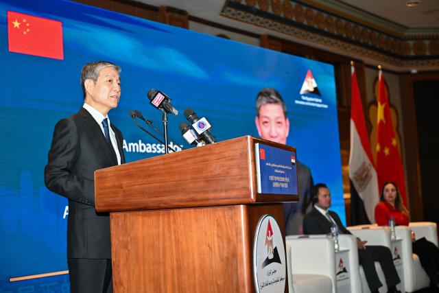 (251209) -- CAIRO, Dec. 9, 2025 (Xinhua) -- Chinese Ambassador to Egypt Liao Liqiang delivers a speech at a forum titled "China-Egypt Comprehensive Strategic Partnership Amid Global Changes: Toward Higher-Level Innovation and Development" held in Cairo, Egypt, Dec. 8, 2025. Egypt and China held the high-level forum here Monday to discuss further cooperation in innovation and development within the framework of their comprehensive strategic partnership. (Xinhua/Xin Mengchen)