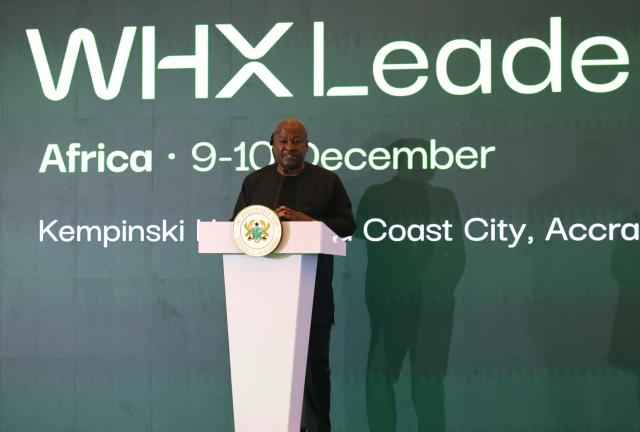 (251209) -- ACCRA, Dec. 9, 2025 (Xinhua) -- Ghanaian President John Dramani Mahama delivers a speech at the World Health Expo Leaders Africa Summit in Accra, Ghana, on Dec. 9, 2025. TO GO WITH "Ghanaian president urges private sector to co-invest in Africa's health industrialization" (Photo by Seth/Xinhua)