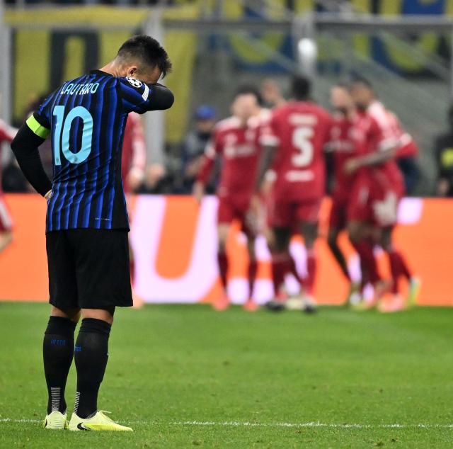 (251210) -- MILAN, Dec. 10, 2025 (Xinhua) -- Inter Milan's Lautaro Martinez reacts after Liverpool's goal during the UEFA Champions League between Inter Milan and Liverpool in Milan, Italy, Dec. 9, 2025. (Photo by Alberto Lingria/Xinhua)