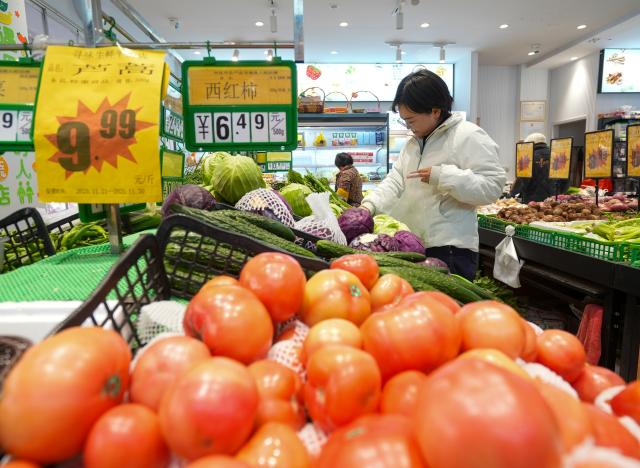 (251210) -- BEIJING, Dec. 10, 2025 (Xinhua) -- A consumer selects vegetable at a supermarket in Xinghua City, east China's Jiangsu Province, Dec. 10, 2025. China's consumer price index (CPI), a main gauge of inflation, rose 0.7 percent year on year in November, data from the National Bureau of Statistics showed Wednesday. (Photo by Zhou Shegen/Xinhua)