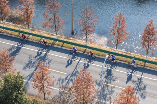 (251210) -- BEIJING, Dec. 10, 2025 (Xinhua) -- An aerial drone photo taken on Dec. 7, 2025 shows cyclists riding on a road in Fanyang Township, Fanchang District, Wuhu, east China's Anhui Province. (Photo by Xiao Benxiang/Xinhua)
