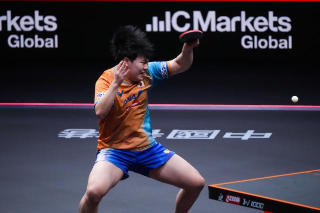(251210) -- HONG KONG, Dec. 10, 2025 (Xinhua) -- Matsushima Sora hits a return during the men's singles round of 16 match between Wang Chuqin of China and Matsushima Sora of Japan at the WTT Finals Hong Kong 2025 in Hong Kong, south China, Dec. 10, 2025. (Xinhua/Zhu Wei)