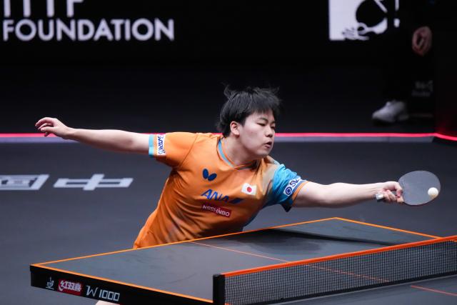 (251210) -- HONG KONG, Dec. 10, 2025 (Xinhua) -- Matsushima Sora hits a return during the men's singles round of 16 match between Wang Chuqin of China and Matsushima Sora of Japan at the WTT Finals Hong Kong 2025 in Hong Kong, south China, Dec. 10, 2025. (Xinhua/Zhu Wei)