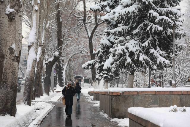 (251210) -- BISHKEK, Dec. 10, 2025 (Xinhua) -- This photo taken on Dec. 10, 2025 shows a street view after snow in Bishkek, Kyrgyzstan. (Photo by Roman/Xinhua)