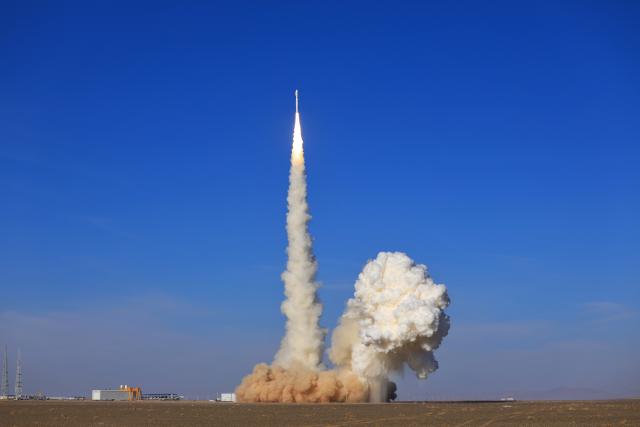(251211) -- BEIJING, Dec. 11, 2025 (Xinhua) -- The Lijian-1, also known as Kinetica-1 Y11, carrier rocket carrying 9 satellites, including one from the United Arab Emirates, blasts off from the Dongfeng commercial space innovation pilot zone near the Jiuquan Satellite Launch Center in northwest China, Dec. 10, 2025. The rocket blasted off at 12:03 p.m. (Beijing Time) and successfully sent the satellites into their planned orbits. (Photo by Li Yunxi/Xinhua)