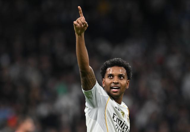 (251211) -- MADRID, Dec. 11, 2025 (Xinhua) -- Rodrygo of Real Madrid celebrates scoring during the UEFA Champions League football match between Real Madrid and Manchester City in Madrid, Spain, Dec. 10, 2025. (Xinhua/Cheng Min)