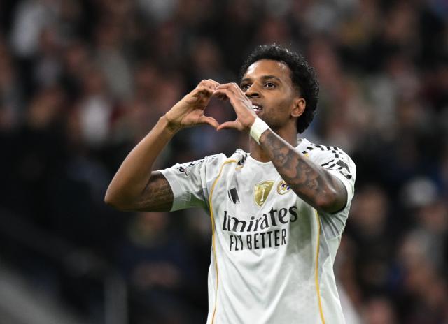 (251211) -- MADRID, Dec. 11, 2025 (Xinhua) -- Rodrygo of Real Madrid celebrates scoring during the UEFA Champions League football match between Real Madrid and Manchester City in Madrid, Spain, Dec. 10, 2025. (Xinhua/Cheng Min)