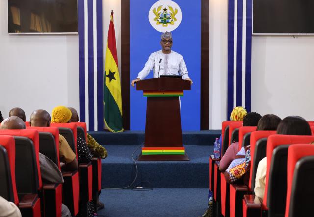 (251211) -- ACCRA, Dec. 11, 2025 (Xinhua) -- Ghanaian Interior Minister Muntaka Mohammed-Mubarak attends a press conference to launch a new system for easy access to e-governance services in Accra, Ghana, on Dec. 10, 2025. Ghana has launched a new system to expand e-governance processes, making services related to national security, migration management, and citizens' rights digitally accessible. (Photo by Seth/Xinhua)