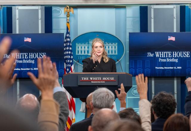 (251211) -- WASHINGTON, Dec. 11, 2025 (Xinhua) -- White House Press Secretary Karoline Leavitt attends a daily press briefing at the White House in Washington, D.C., the United States, on Dec. 11, 2025. Leavitt said Thursday that the United States intends to keep the oil from the tanker the U.S. military seized Wednesday near the coast of oil-rich Venezuela. (Photo by Li Yuanqing/Xinhua)