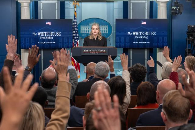 (251211) -- WASHINGTON, Dec. 11, 2025 (Xinhua) -- White House Press Secretary Karoline Leavitt attends a daily press briefing at the White House in Washington, D.C., the United States, on Dec. 11, 2025. Leavitt said Thursday that the United States intends to keep the oil from the tanker the U.S. military seized Wednesday near the coast of oil-rich Venezuela. (Photo by Li Yuanqing/Xinhua)