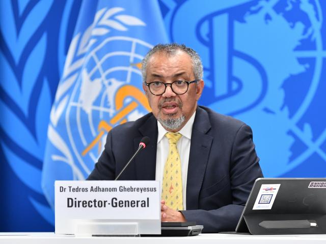 (251212) -- GENEVA, Dec. 12, 2025 (Xinhua) -- World Health Organization (WHO) Director-General Tedros Adhanom Ghebreyesus speaks during a press briefing in Geneva, Switzerland, Dec. 11, 2025. The year 2025 has brought both significant progress and major challenges for the WHO and global health more broadly, Tedros said on Thursday. (Xinhua/Lian Yi)