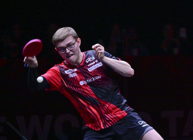 (251212) -- HONG KONG, Dec. 12, 2025 (Xinhua) -- Alexis Lebrun of France hits a return during the men's singles quarterfinal match against Wang Chuqin of China at the WTT Finals Hong Kong 2025 in Hong Kong, south China, Dec. 12, 2025. (Xinhua/Chen Duo)