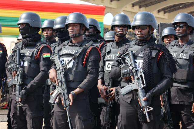 (251212) -- ACCRA, Dec. 12, 2025 (Xinhua) -- Police officers participate in a joint exercise launched by Ghanaian security services in Accra, Ghana, Dec. 11, 2025. Ghanaian security services launched a joint exercise on Thursday to showcase their preparedness to maintain peace and security in the country.
  The "Show of Force" operation, involving the military, police, immigration, fire service, prisons, and the customs division of the Ghana Revenue Authority, deployed personnel, combat gear and hardware along major routes from the city of Accra to communities outside the capital to boost inter-agency cooperation and reinforce the country's security posture. (Photo by Seth/Xinhua)