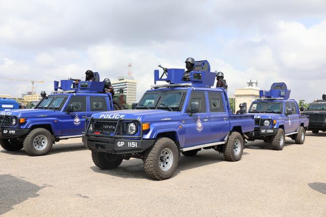 (251212) -- ACCRA, Dec. 12, 2025 (Xinhua) -- Police vehicles are pictured during a joint exercise launched by Ghanaian security services in Accra, Ghana, Dec. 11, 2025. Ghanaian security services launched a joint exercise on Thursday to showcase their preparedness to maintain peace and security in the country.
  The "Show of Force" operation, involving the military, police, immigration, fire service, prisons, and the customs division of the Ghana Revenue Authority, deployed personnel, combat gear and hardware along major routes from the city of Accra to communities outside the capital to boost inter-agency cooperation and reinforce the country's security posture. (Photo by Seth/Xinhua)