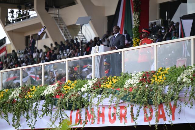 (251212) -- NAIROBI, Dec. 12, 2025 (Xinhua) -- Kenyan President William Ruto delivers a speech at a celebration for the 62nd anniversary of Kenya's independence in Nairobi, Kenya, Dec. 12, 2025. A celebration marking the 62nd anniversary of Kenya's independence was held at Nyayo Stadium in Nairobi on Friday.
   Kenya's Jamhuri Day or Independence Day, observed on Dec. 12 each year, is one of the most important national holidays in Kenya. Kenya gained independence from Britain on Dec. 12, 1963. (Xinhua/Yang Guang)