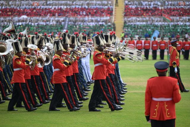 (251212) -- NAIROBI, Dec. 12, 2025 (Xinhua) -- A military band attends a parade during a celebration for the 62nd anniversary of Kenya's independence in Nairobi, Kenya, Dec. 12, 2025. A celebration marking the 62nd anniversary of Kenya's independence was held at Nyayo Stadium in Nairobi on Friday.
   Kenya's Jamhuri Day or Independence Day, observed on Dec. 12 each year, is one of the most important national holidays in Kenya. Kenya gained independence from Britain on Dec. 12, 1963. (Xinhua/Yang Guang)
