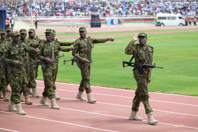 (251212) -- NAIROBI, Dec. 12, 2025 (Xinhua) -- Soldiers attend a parade during a celebration for the 62nd anniversary of Kenya's independence in Nairobi, Kenya, Dec. 12, 2025. A celebration marking the 62nd anniversary of Kenya's independence was held at Nyayo Stadium in Nairobi on Friday.
   Kenya's Jamhuri Day or Independence Day, observed on Dec. 12 each year, is one of the most important national holidays in Kenya. Kenya gained independence from Britain on Dec. 12, 1963. (Xinhua/Yang Guang)