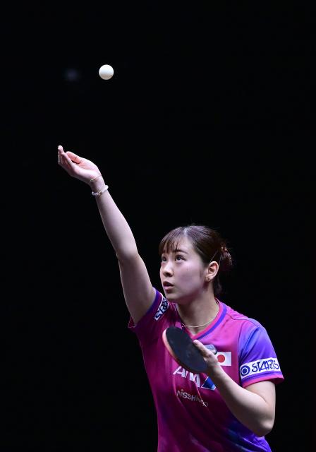 (251212) -- HONG KONG, Dec. 12, 2025 (Xinhua) -- Nagasaki Miyu serves during the women's singles quarterfinal match between Sun Yingsha of China and Nagasaki Miyu of Japan at the WTT Finals Hong Kong 2025 in Hong Kong, south China, Dec. 12, 2025. (Xinhua/Chen Duo)