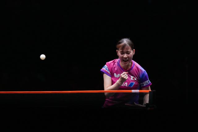 (251212) -- HONG KONG, Dec. 12, 2025 (Xinhua) -- Nagasaki Miyu reacts during the women's singles quarterfinal match between Sun Yingsha of China and Nagasaki Miyu of Japan at the WTT Finals Hong Kong 2025 in Hong Kong, south China, Dec. 12, 2025. (Xinhua/Zhu Wei)