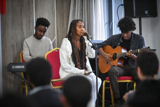 (251212) -- ADDIS ABABA, Dec. 12, 2025 (Xinhua) -- Young Ethiopians perform at an award ceremony of the Second Ethiopia Online Chinese Video Competition, in Addis Ababa, Ethiopia, on Dec. 11, 2025. The Chinese Embassy in Ethiopia on Thursday announced winners of the Second Ethiopia Online Chinese Video Competition at a ceremony held at the Ethiopian Technical and Vocational Training Institute in Addis Ababa. (Photo by Michael Tewelde/Xinhua)