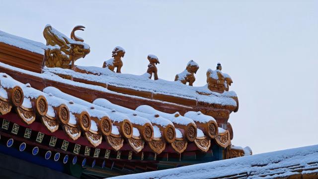 (251213) -- BEIJING, Dec. 13, 2025 (Xinhua) -- This photo taken on Dec. 13, 2025 shows a partial view of a turret of the Palace Museum after snowfall in Beijing, China. (Xinhua/Xing Guangli)