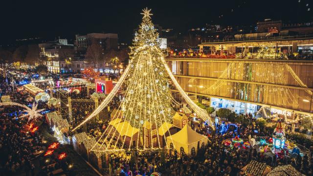 (251213) -- TBILISI, Dec. 13, 2025 (Xinhua) -- An illuminated main New Year tree of Georgia is seen at the First Republic Square in Tbilisi, Georgia, Dec. 12, 2025. (Tbilisi City Government/Handout via Xinhua)