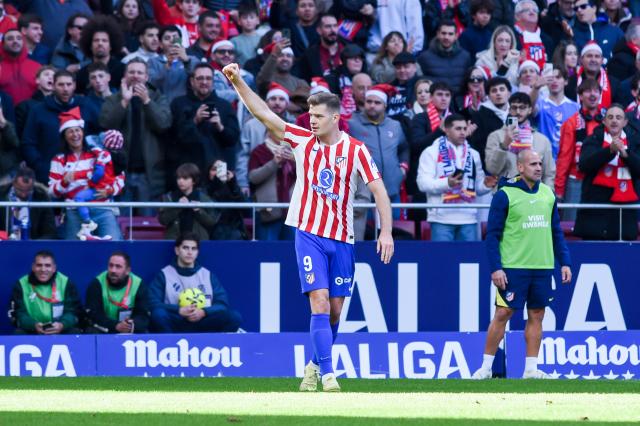 (251214) -- MADRID, Dec. 14, 2025 (Xinhua) -- Atletico de Madrid's Alexander Sorloth celebrates a goal which was later disallowed during the Laliga football match between Atletico de Madrid and Valencia C.F. in Madrid, Spain, Dec. 13, 2025. (Photo by Gustavo Valiente/Xinhua)