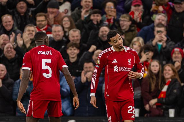 (251214) -- LIVERPOOL, Dec. 14, 2025 (Xinhua) -- Liverpool's Hugo Ekitike (front R) celebrates after scoring the second goal during the English Premier League match between Liverpool FC and Brighton & Hove Albion FC in Liverpool, Britain, on Dec. 13, 2025.  
FOR EDITORIAL USE ONLY. NOT FOR SALE FOR MARKETING OR ADVERTISING CAMPAIGNS. NO USE WITH UNAUTHORIZED AUDIO, VIDEO, DATA, FIXTURE LISTS, CLUB/LEAGUE LOGOS OR "LIVE" SERVICES. ONLINE IN-MATCH USE LIMITED TO 45 IMAGES, NO VIDEO EMULATION. NO USE IN BETTING, GAMES OR SINGLE CLUB/LEAGUE/PLAYER PUBLICATIONS. (Xinhua)