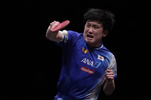 (251214) -- HONG KONG, Dec. 14, 2025 (Xinhua) -- Harimoto Tomokazu competes during the men's singles final match between Harimoto Tomokazu of Japan and Truls Moregard of Sweden at the WTT Finals Hong Kong 2025 in Hong Kong, south China, Dec. 14, 2025. (Xinhua/Lui Siu Wai)