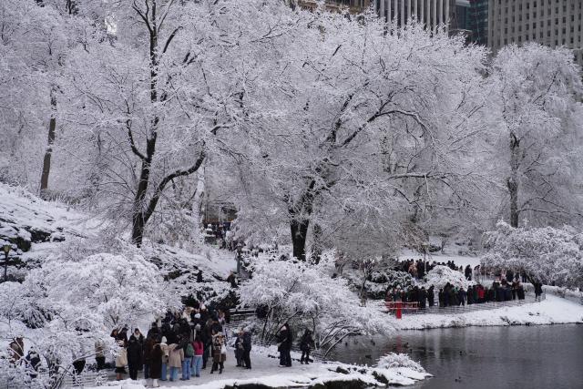 (251215) -- NEW YORK, Dec. 15, 2025 (Xinhua) -- People visit the Central Park during a snow in New York, the United States, on Dec. 14, 2025. (Xinhua/Zhang Fengguo)
